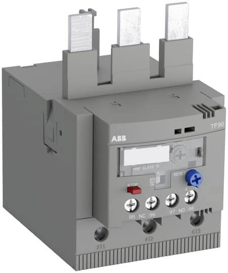 Ein graues elektrisches Schütz von ABB, Modell TF96, mit sichtbaren Anschlüssen und einem Bedienfeld für Einstellungen und Statusinformationen.
