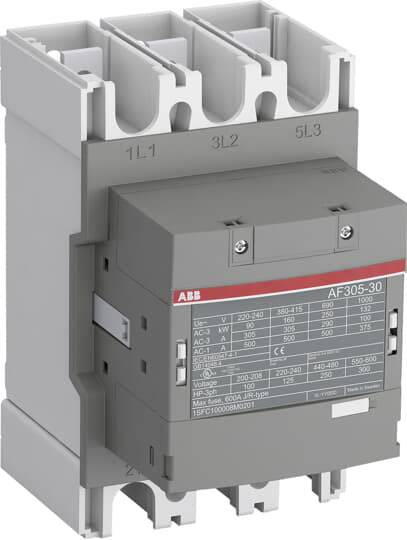 'AF305-30' Schütz von ABB mit Aufkleber mit technischen Spezifikationen an der Vorderseite. Es eignet sich für elektrische Anwendungen.