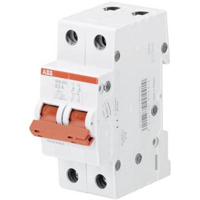 Ein zweipoliger Leitungsschutzschalter mit rotem Schalter. Geeignet für den Schutz von elektrischem Strom bis 63 Ampere.