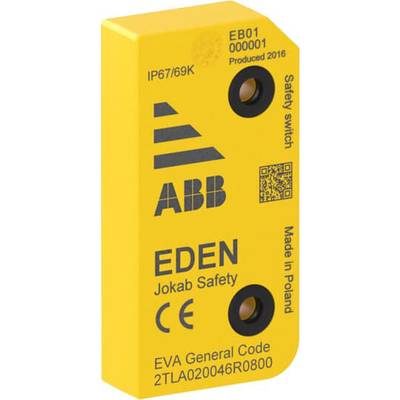 Gelber Sicherheitsschalter von ABB, Modell 'EDEN', mit CE-Kennzeichnung und Schutzart IP67/69K. Hergestellt in Polen, produziert 2016.