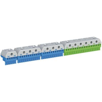 Ein mehrfarbiges Reihenblockklemmen-System mit blauen und grünen Anschlüssen ist in einer Reihe angeordnet.