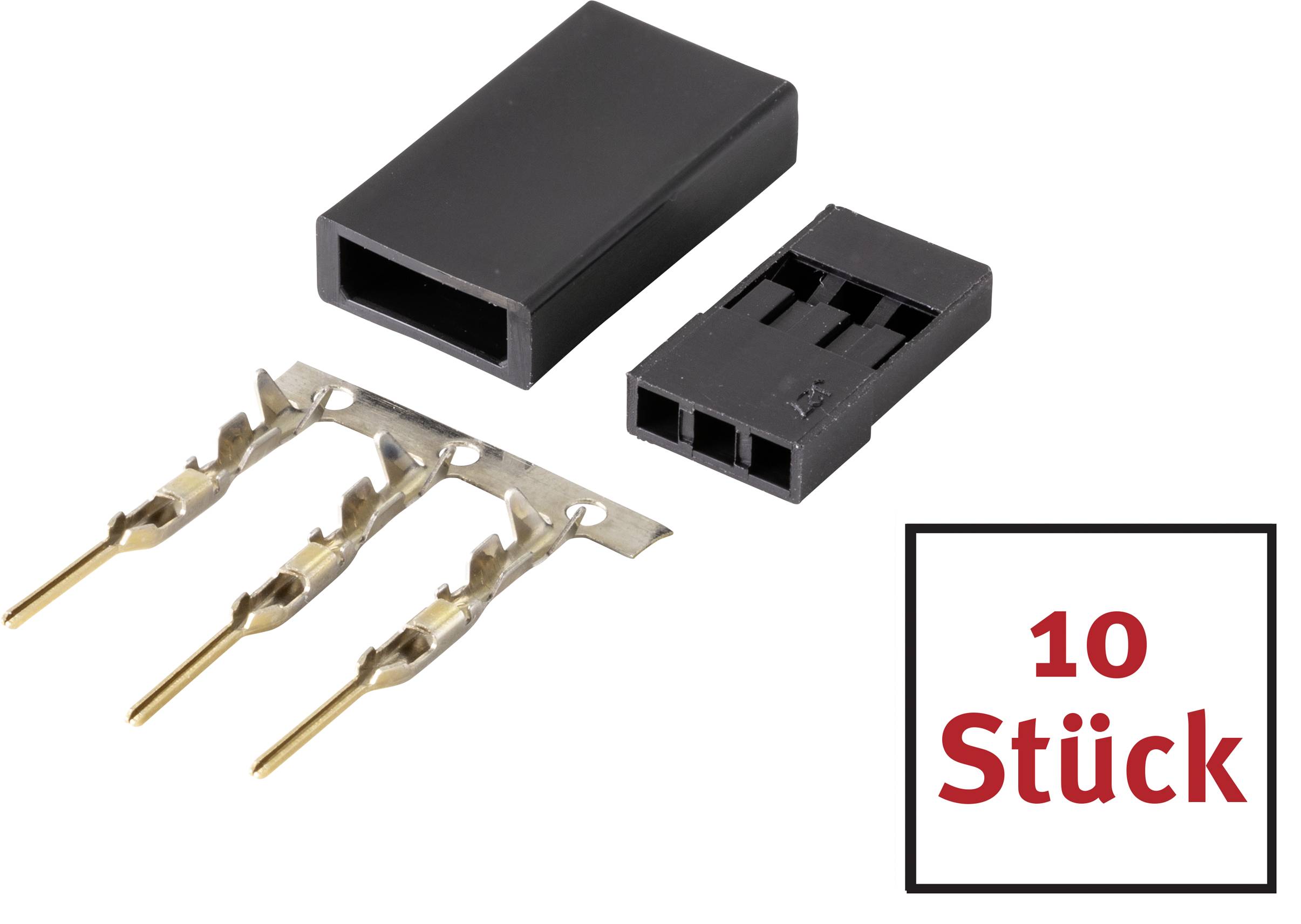 '10 Stück' - Schwarze, zweiteilige Steckverbinderset mit drei metallischen Kontaktstiften, in rechteckiger Plastikabdeckung.
