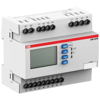 Ein digitaler Steuerungsmonitor der Marke ABB mit Bildschirm, Navigationsschaltflächen und mehreren Anschlussklemmen oben und unten.