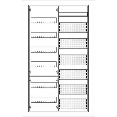 Grafische Darstellung eines Schaltschranklayouts mit nummerierten Slots und Löchern für Kabelmanagement. Links sind Befestigungsstreben.