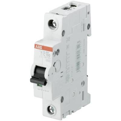 Ein einpoliger Sicherungsautomat der Marke ABB, Typ B201 C100, mit Hebel für Schalteinrichtungen, typischerweise in Elektroinstallationen verwendet.