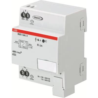 Ein ABB DALI-Gateway-Modul zur Steuerung von Beleuchtungssystemen. Zeigt Anschlüsse, Schalter und technische Spezifikationen.