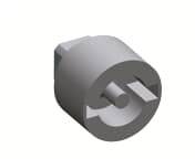 Ein graues, zylinderförmiges 3D-Objekt mit eingravierten Symbolen, ähnlich einem Stecker oder Anschlussbauteil.