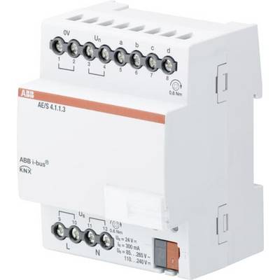 Elektronisches Steuergerät von ABB für KNX-Bussysteme, mit mehreren Anschlussklemmen für Spannungsversorgung und Steuerleitungen.