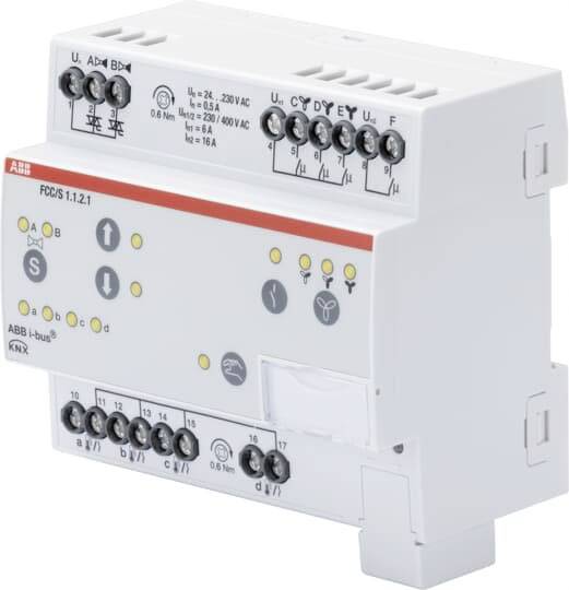 Ein weißes elektrisches KNX-Schaltgerät mit mehreren Anschlüssen und Statusanzeigen. Markenname und Modellnummer sind sichtbar.