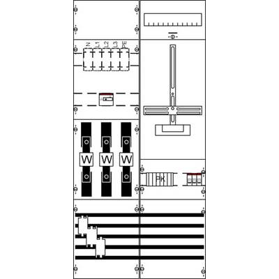 Diagramm eines Schaltplans mit verschiedenen elektrischen Symbolen, darunter Schalter, Leiter und eine Messskala.