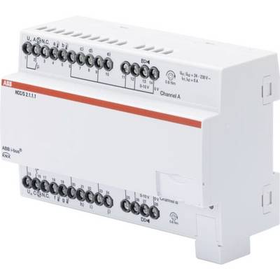 Ein weißes, rechteckiges KNX-Steuermodul mit mehreren Anschlussklemmen, Beschriftungen und rotem Streifen, zur Gebäudeautomation.