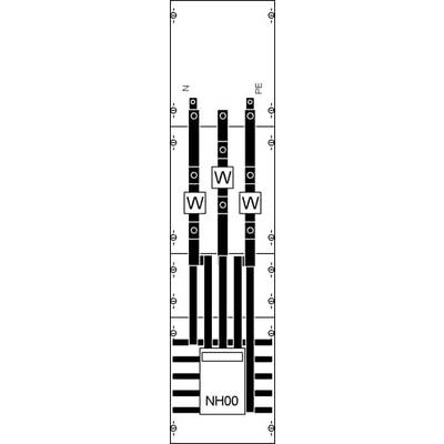 Schaltplan eines NH-Sicherungselements NH00 mit drei Phasen (L1, L2, L3) und Neutralleiter (N). Details zu Sicherung und Leitungsverlauf.