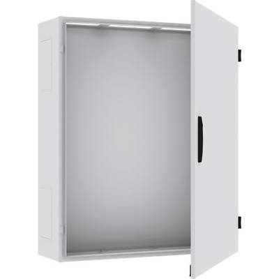 Graues, leeres Metallgehäuse mit geöffneter Tür und schwarzem Griff. Geeignet zur Aufbewahrung oder Schutz von elektrischen Komponenten.