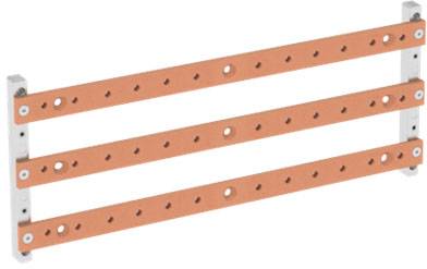 Orange Metallstreben mit Löchern, die in zwei grauen vertikalen Leisten fixiert sind, zeigen eine modulare Bauweise.