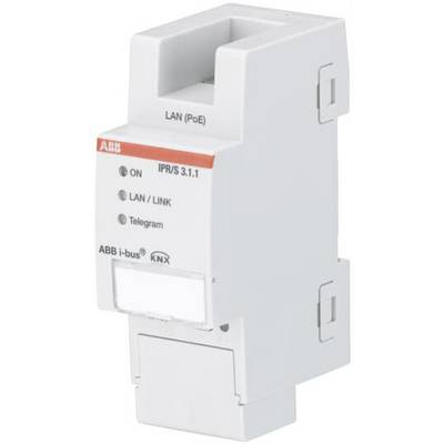 Ein KNX IP-Router von ABB zur Verbindung von KNX-Netzwerken mit Ethernet. Front hat LEDs und LAN-Port. Produkt für Gebäudeautomation.