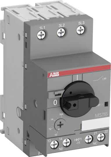 Ein grauer elektrischer Lasttrennschalter mit schwarzem Drehschalter, roten und weißen Markierungen und verschiedenen Anschlüssen.