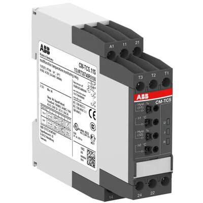 Industrie-Thermostat mit Anzeige: ABB CM-TCS Modell, 4-poliges Gehäuse, Anschlussklemmen oben, technische Spezifikationen auf der Seite.