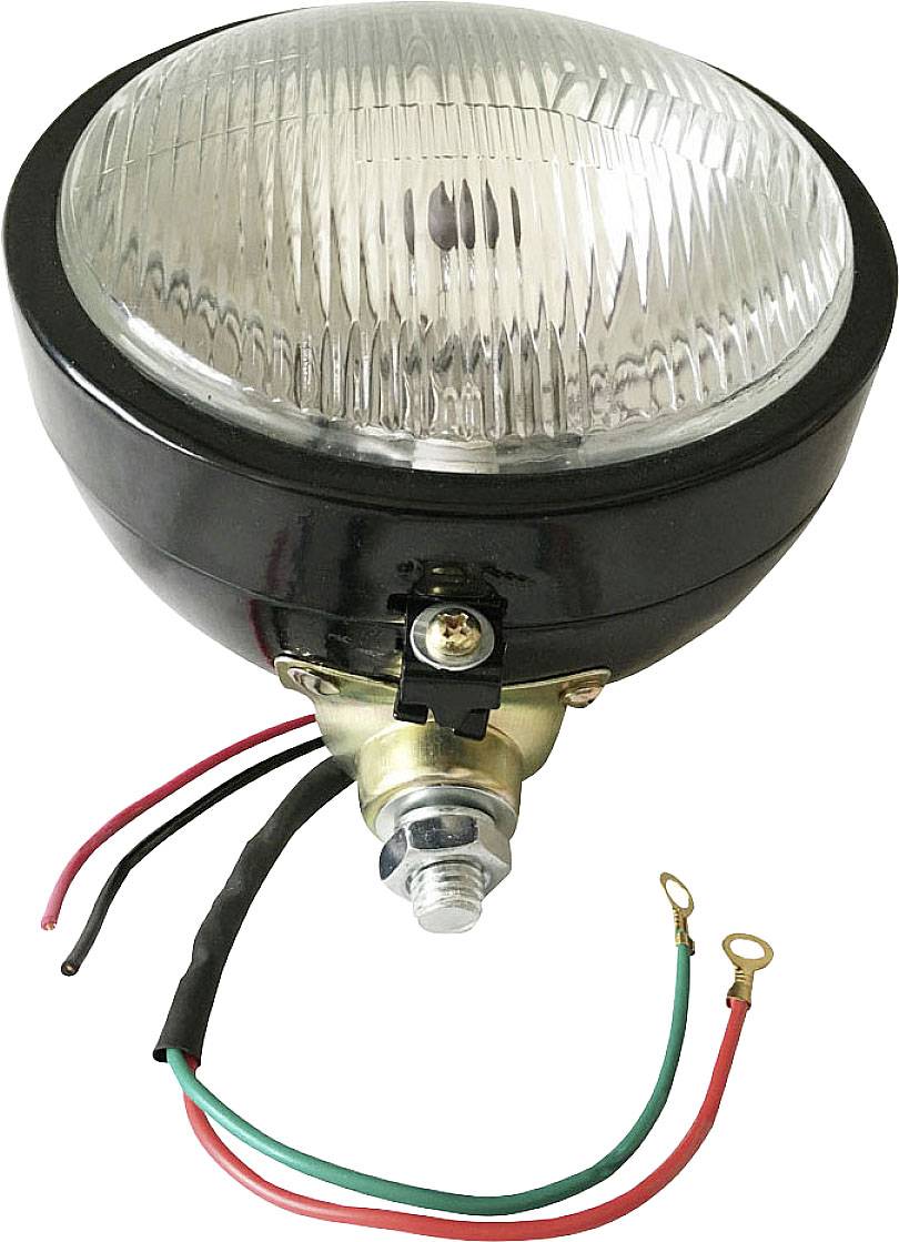 Runder Scheinwerfer mit Glaslinse und schwarzem Gehäuse, darunter drei farbige Kabel: rot, grün und schwarz.