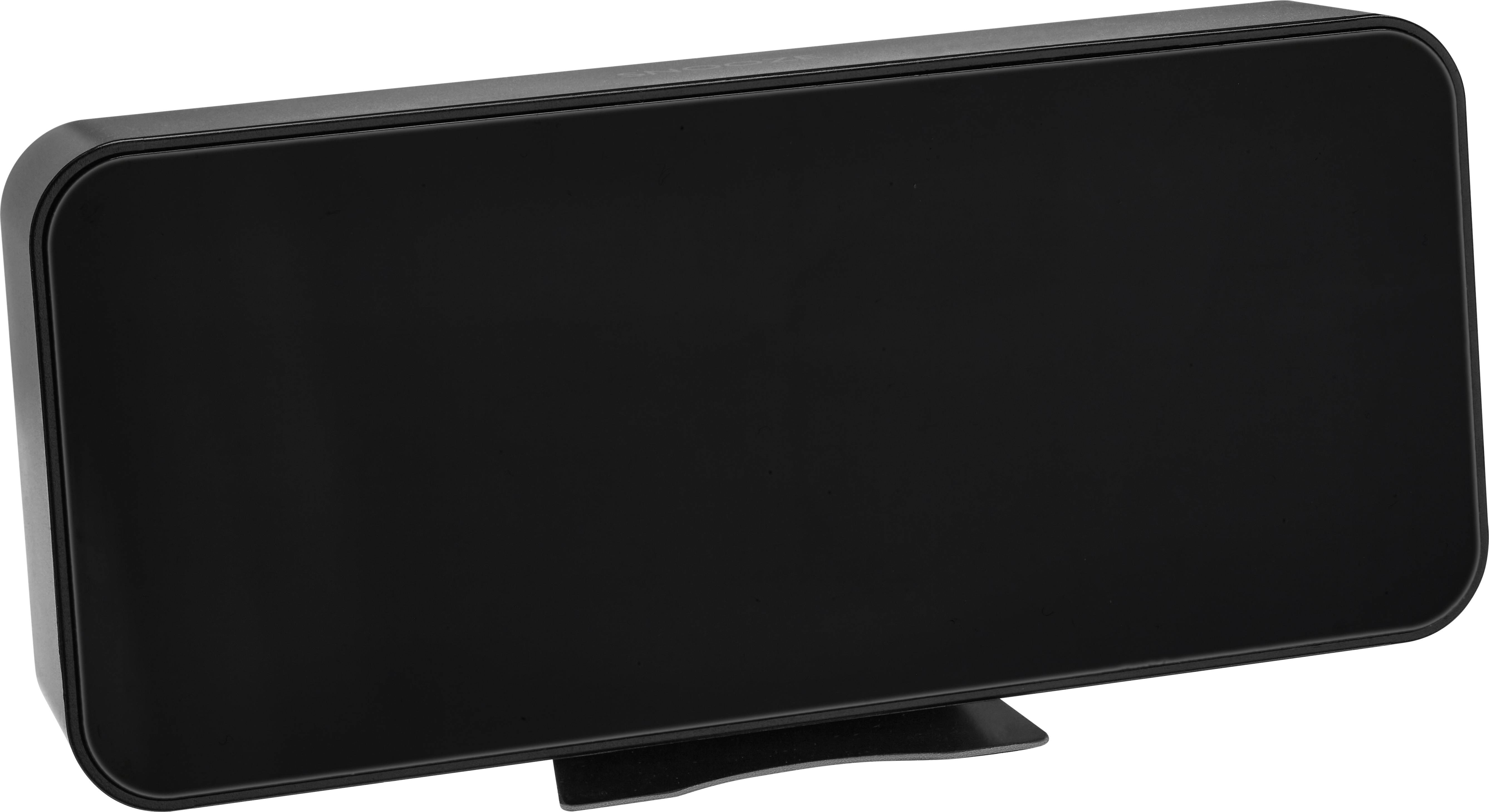 Ein rechteckiger, schwarzer Lautsprecher mit abgerundeten Ecken, auf einem kleinen Sockel stehend.