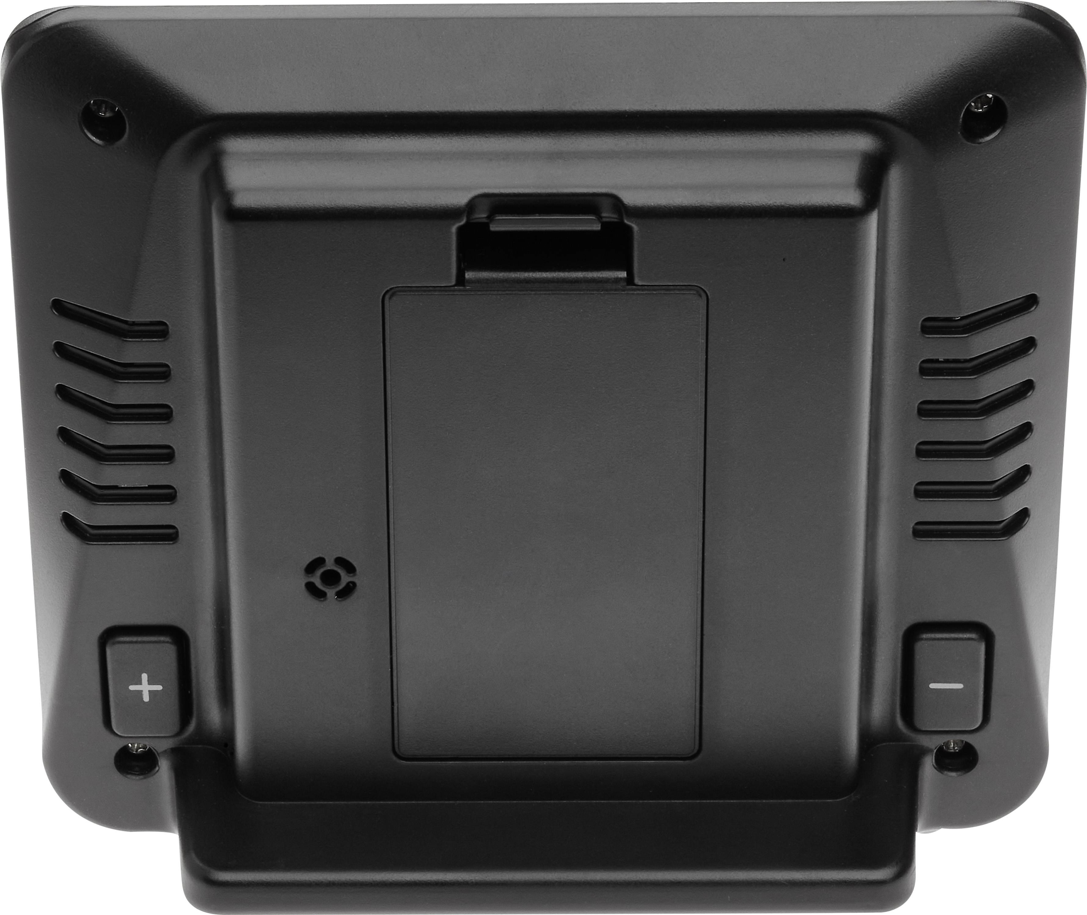 Rückansicht eines schwarzen elektronischen Geräts mit Plus- und Minustasten an den Seiten und einem Batteriefach in der Mitte.