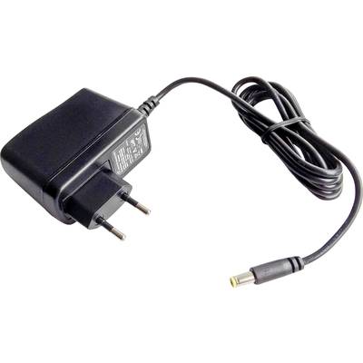 Ein schwarzes Netzteil mit zweipoligem EU-Stecker und langem Kabel, endet in einem runden Gleichstromanschluss.