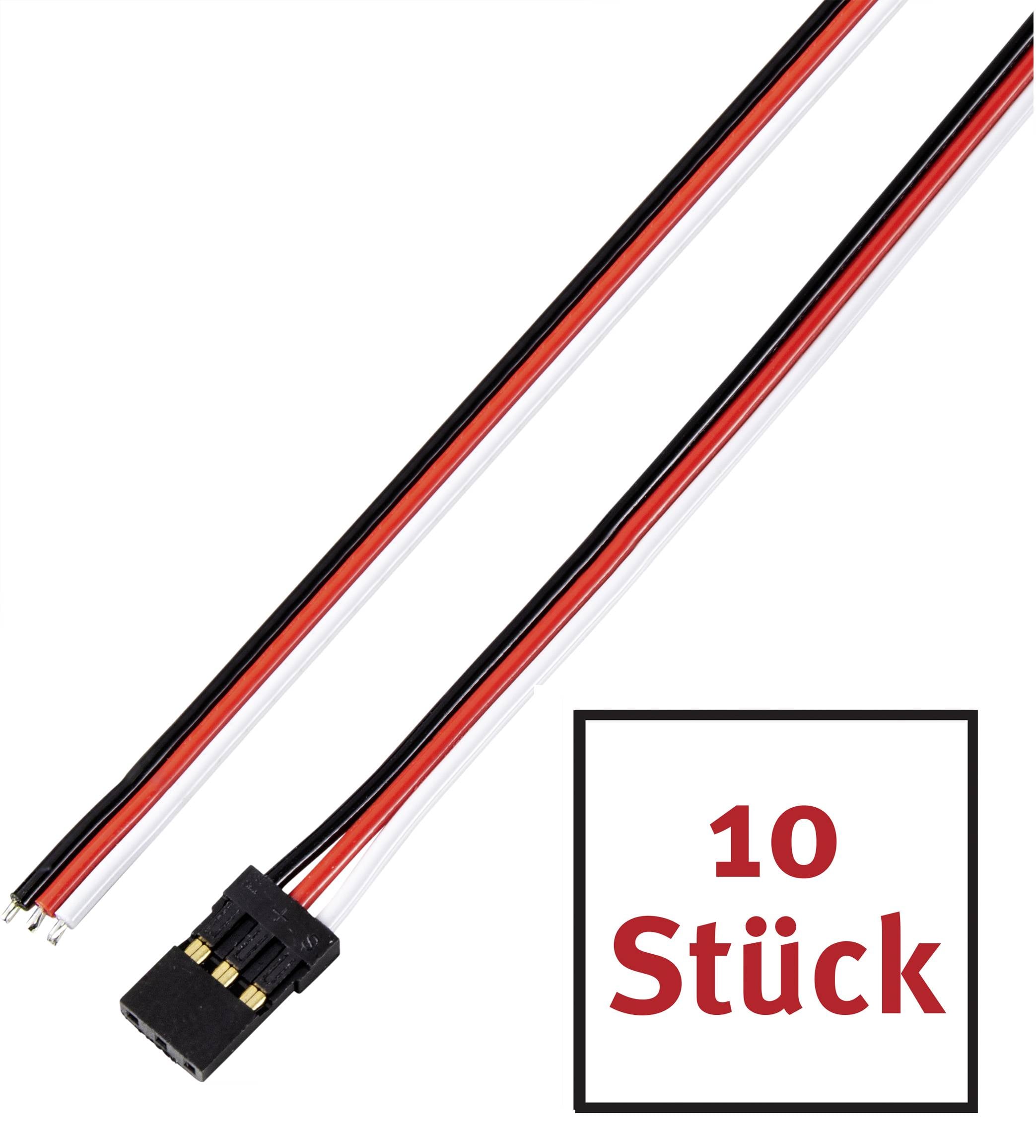 Dreiadriges Kabel mit schwarzem Stecker, auf weißem Hintergrund. Hinweisschild: '10 Stück'.
