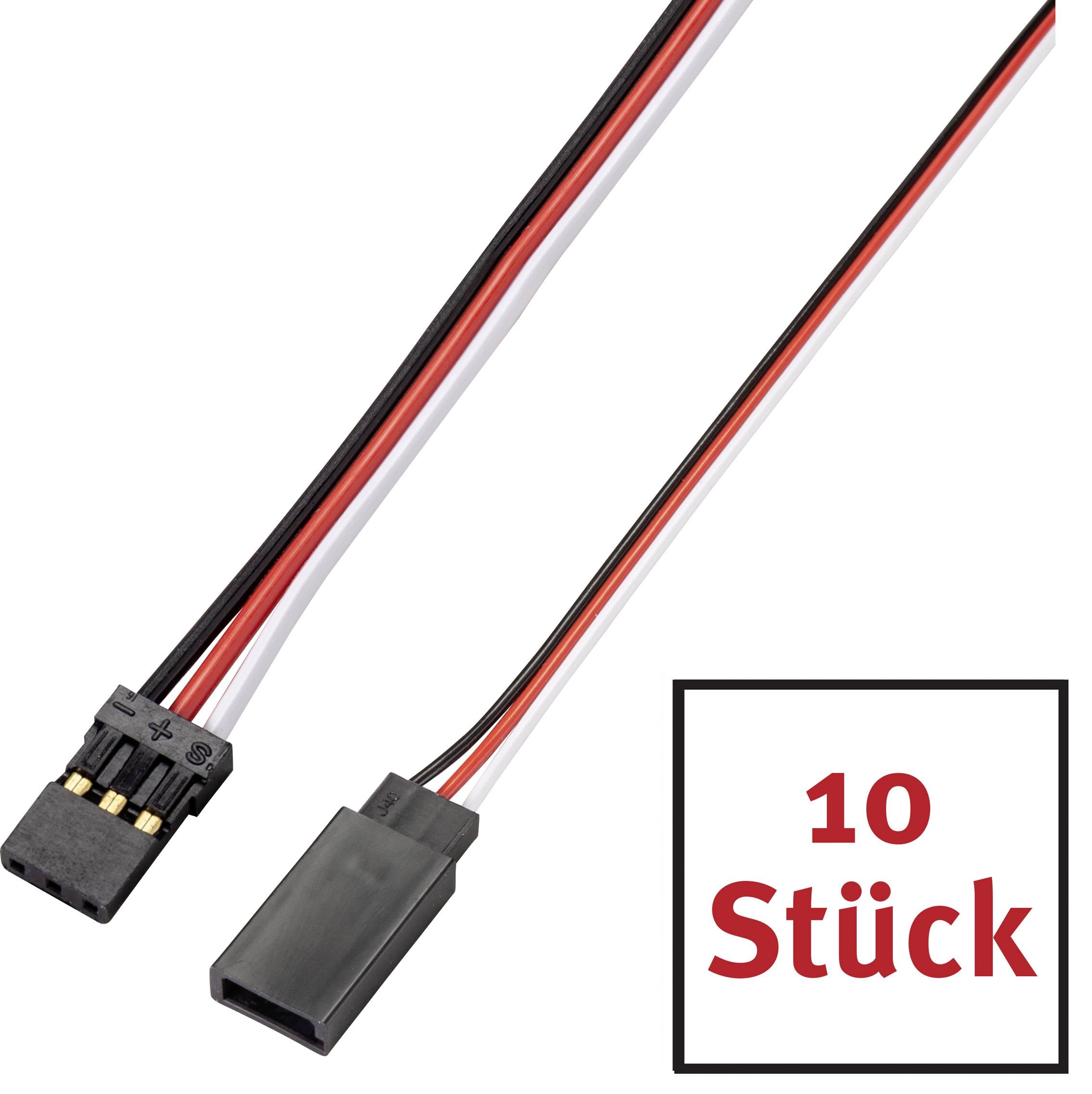 Zwei schwarze Steckadapter mit drei Kabeln in Rot, Schwarz und Weiß. Text in rotem Feld: '10 Stück'.