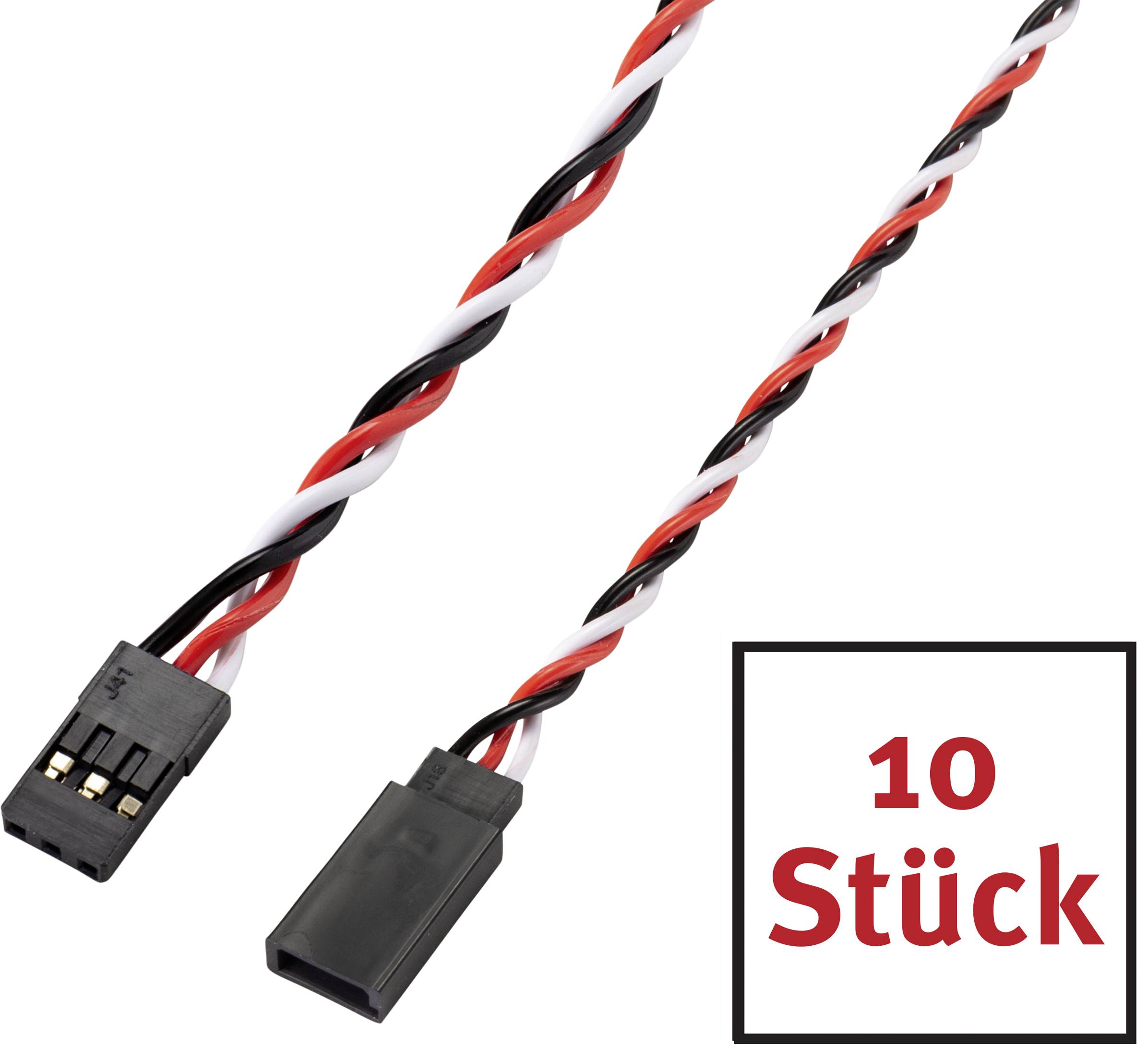 Zwei Kabel mit schwarzen, weißen und roten Drähten, jeweils mit 3-poligen Steckverbindern. Text im Bild: '10 Stück'.