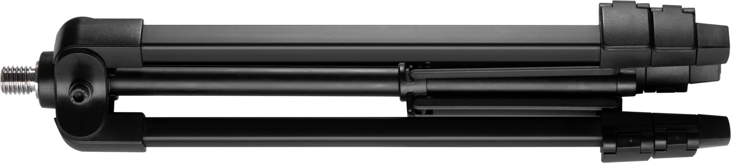 Ein zusammengeklapptes schwarzes Stativ liegt horizontal. Es hat ein schraubbares Ende zum Befestigen von Kameras oder Geräten.