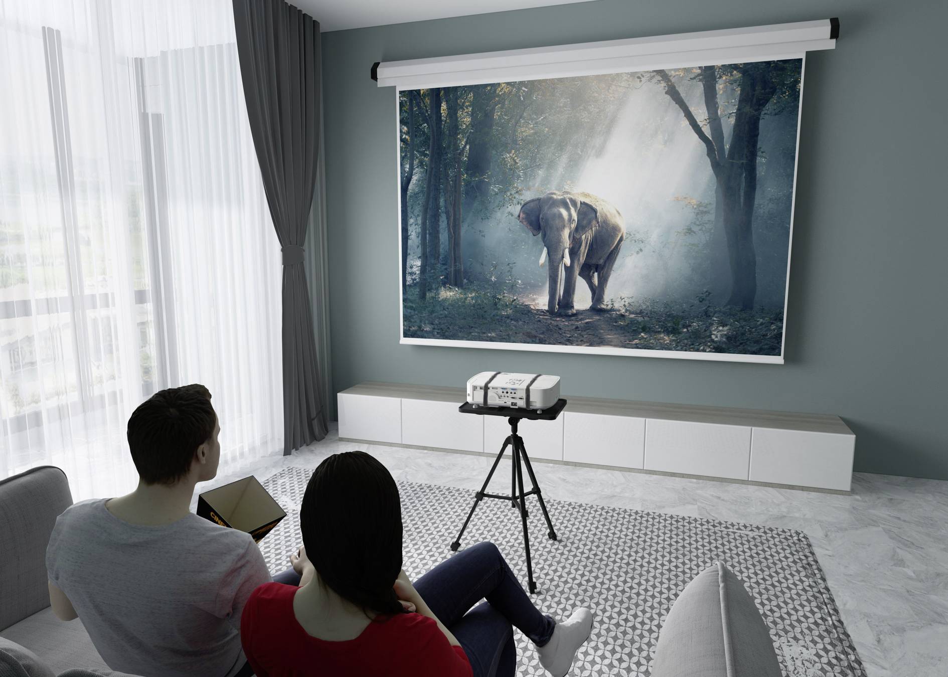 Ein Mann und eine Frau schauen sich in einem modernen Wohnzimmer einen Film mit einem Elefanten auf einem großen Bildschirm an.