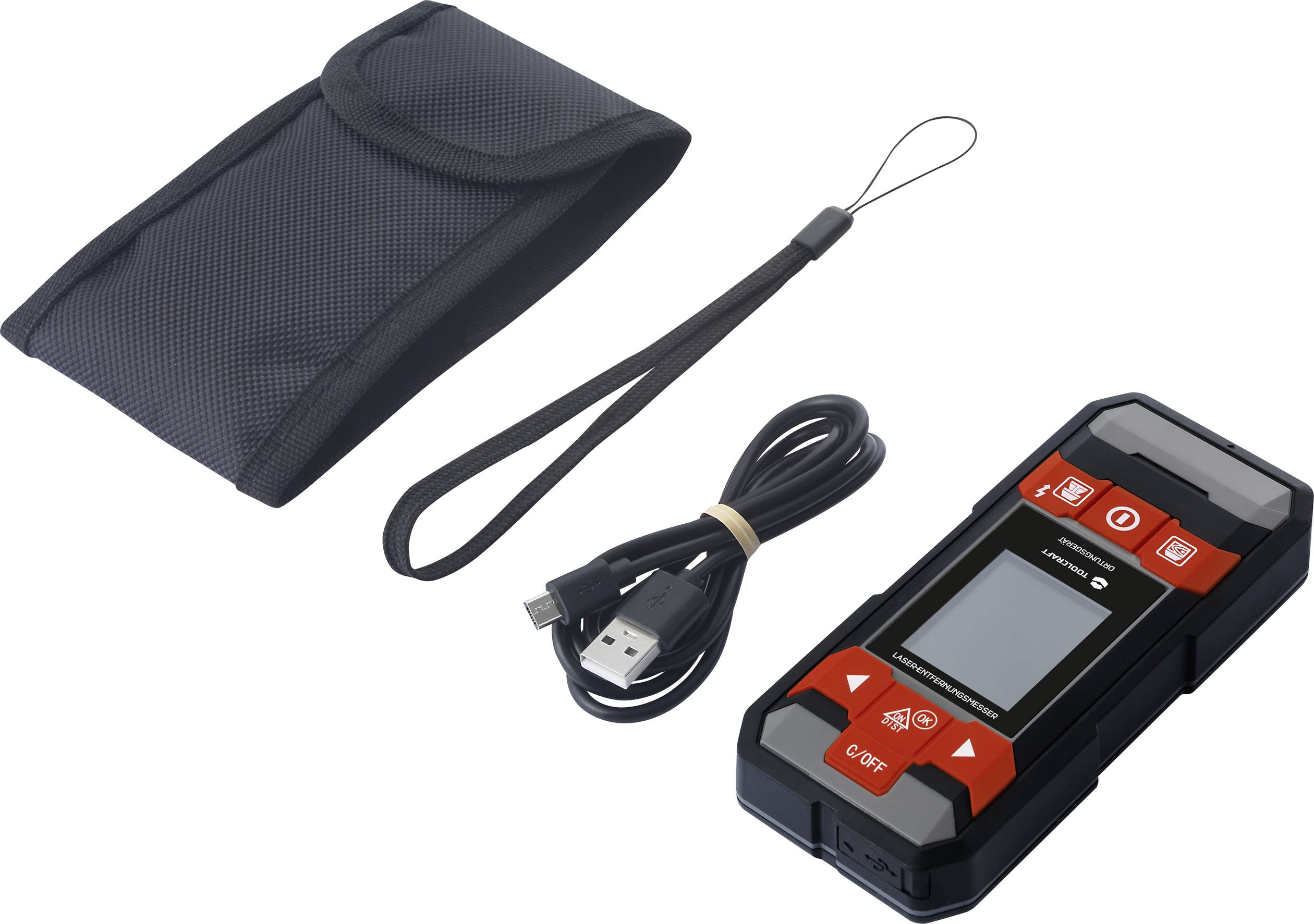 Ein digitales Gerät zur Batterietestung mit Kabel, Trageschlaufe und Etui. Das Gerät hat einen Bildschirm und Bedientasten.