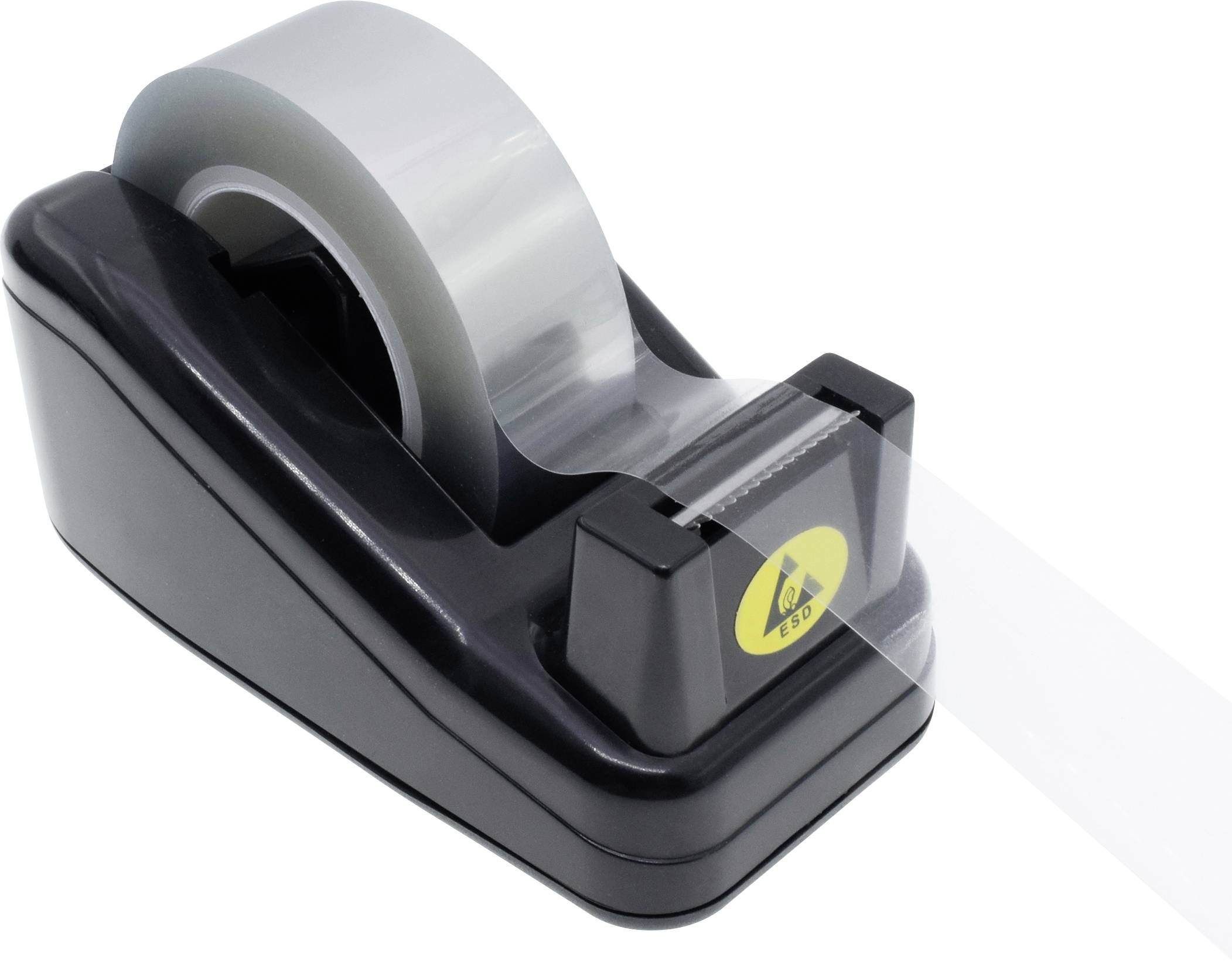 Ein schwarzer Klebeband-Abroller mit durchsichtigem Klebeband zeigt eine gelbe Sicherheitswarnung auf der Vorderseite.