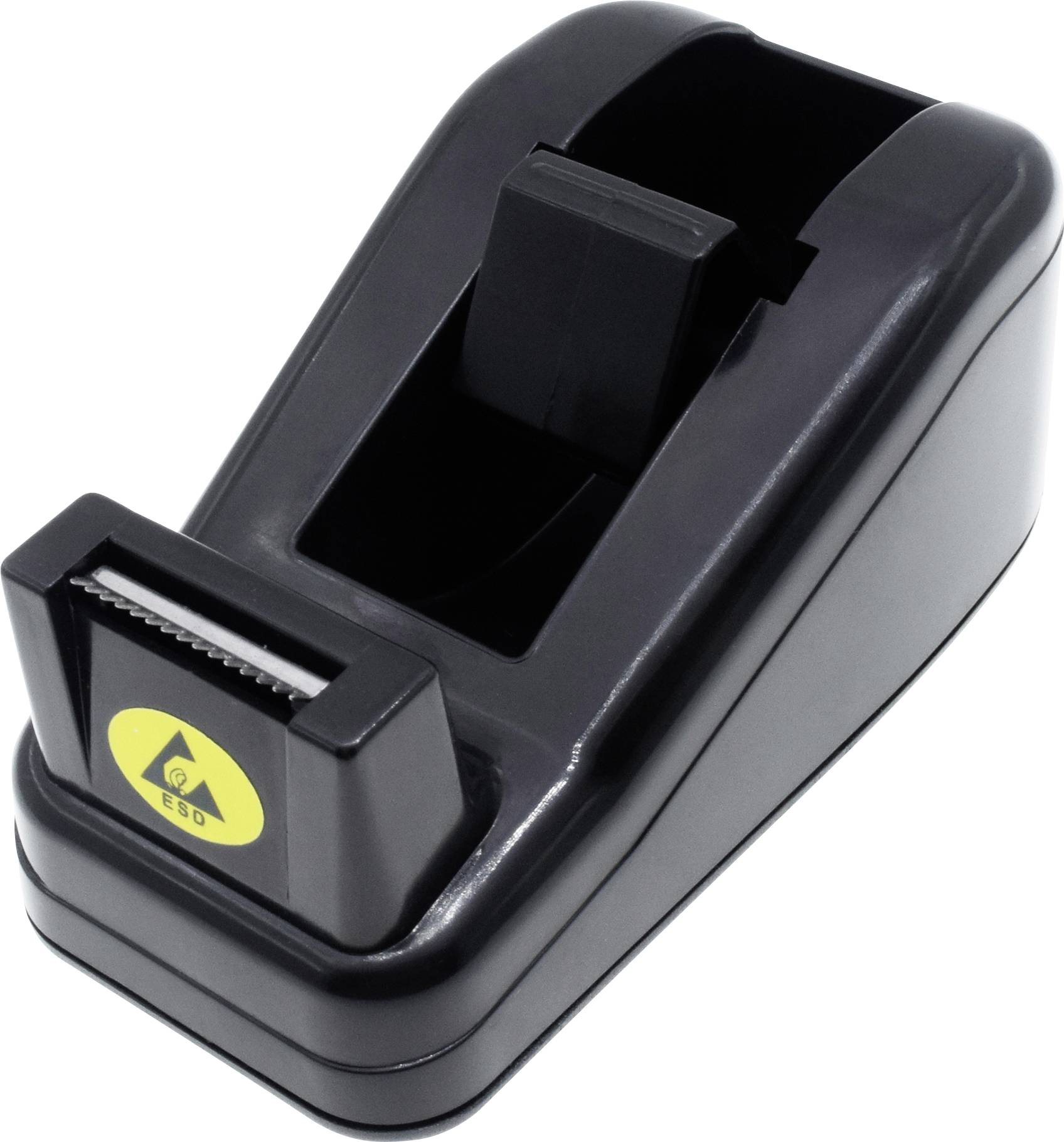 Schwarzer Tisch-Klebebandabroller mit gelbem Logo auf der Vorderseite, leicht abgeschrägte Form, für Rollen von Klebeband geeignet.