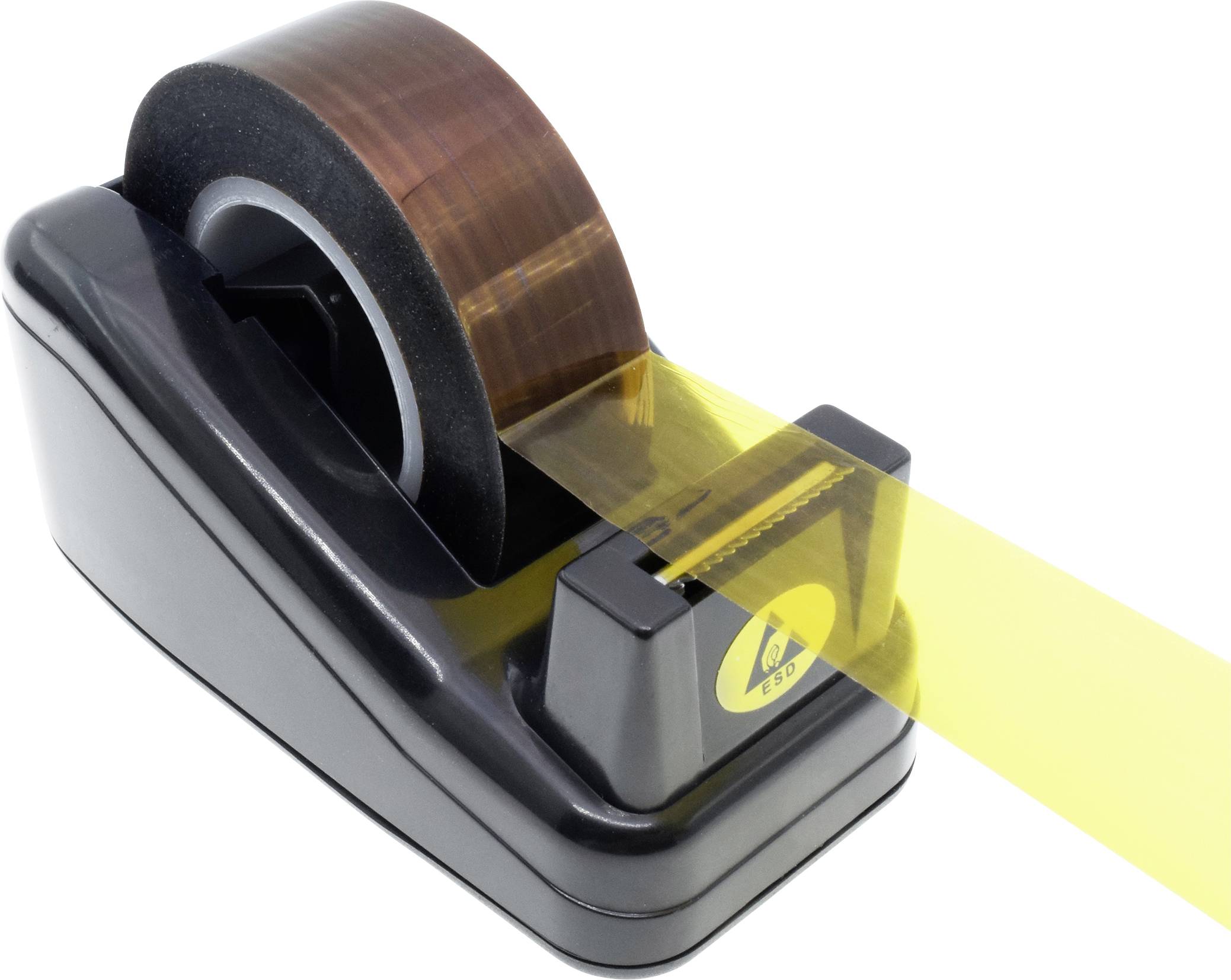 Ein schwarzer Klebebandabroller, der gelbes Klebeband hält. Der Abroller besteht aus Kunststoff mit einem rutschfesten Boden.