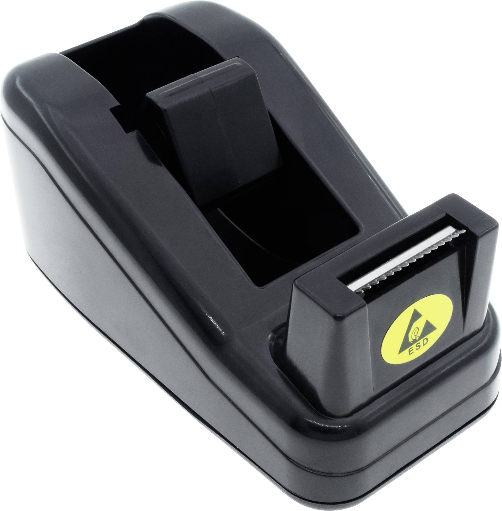 Ein schwarzer ESD-Klebebandabroller mit gelbem ESD-Symbol, das auf elektrostatische Entladungssicherheit hinweist.