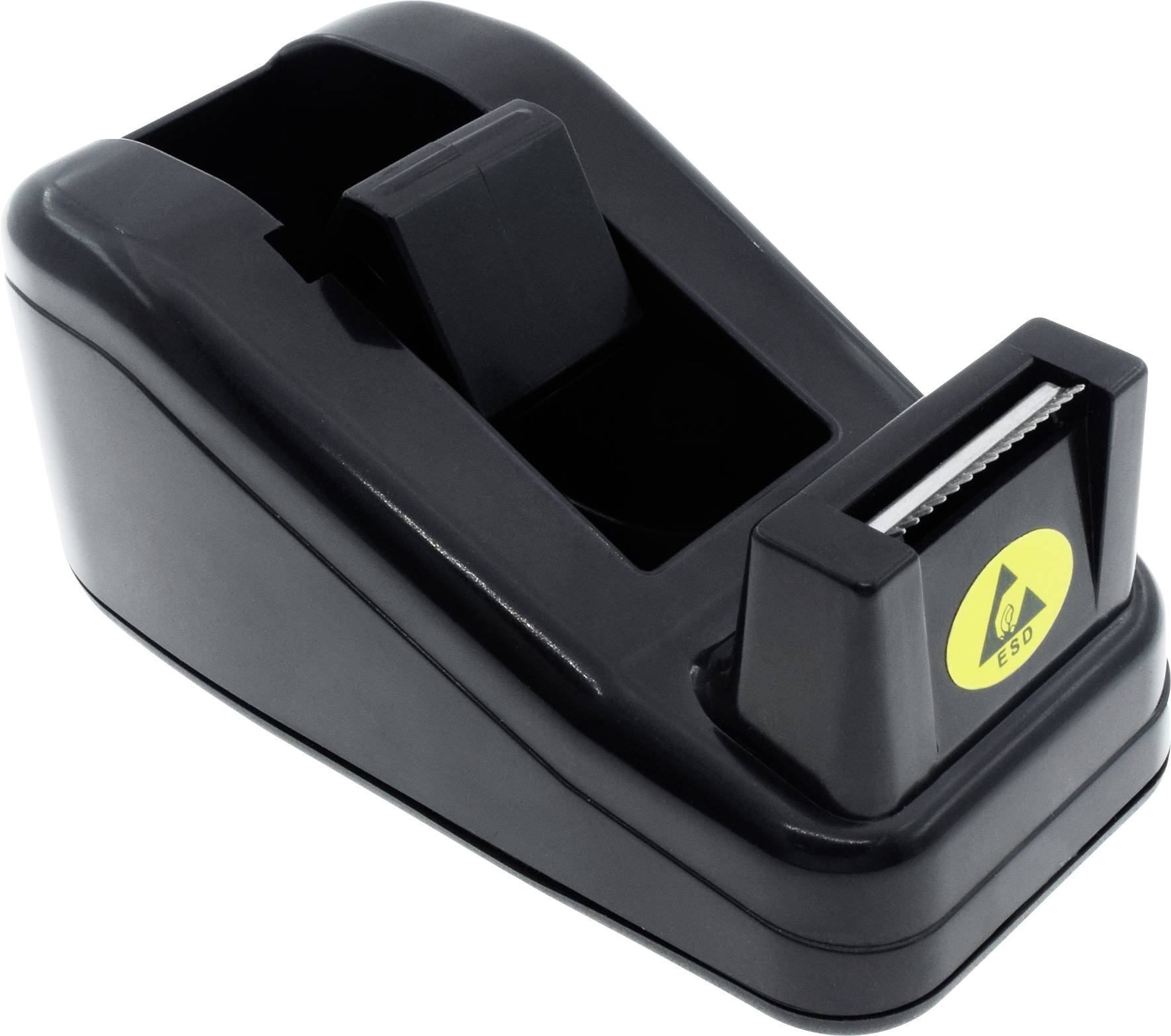 Ein schwarzer Tischabroller für Klebeband, geeignet für den Einsatz im Büro oder zu Hause.