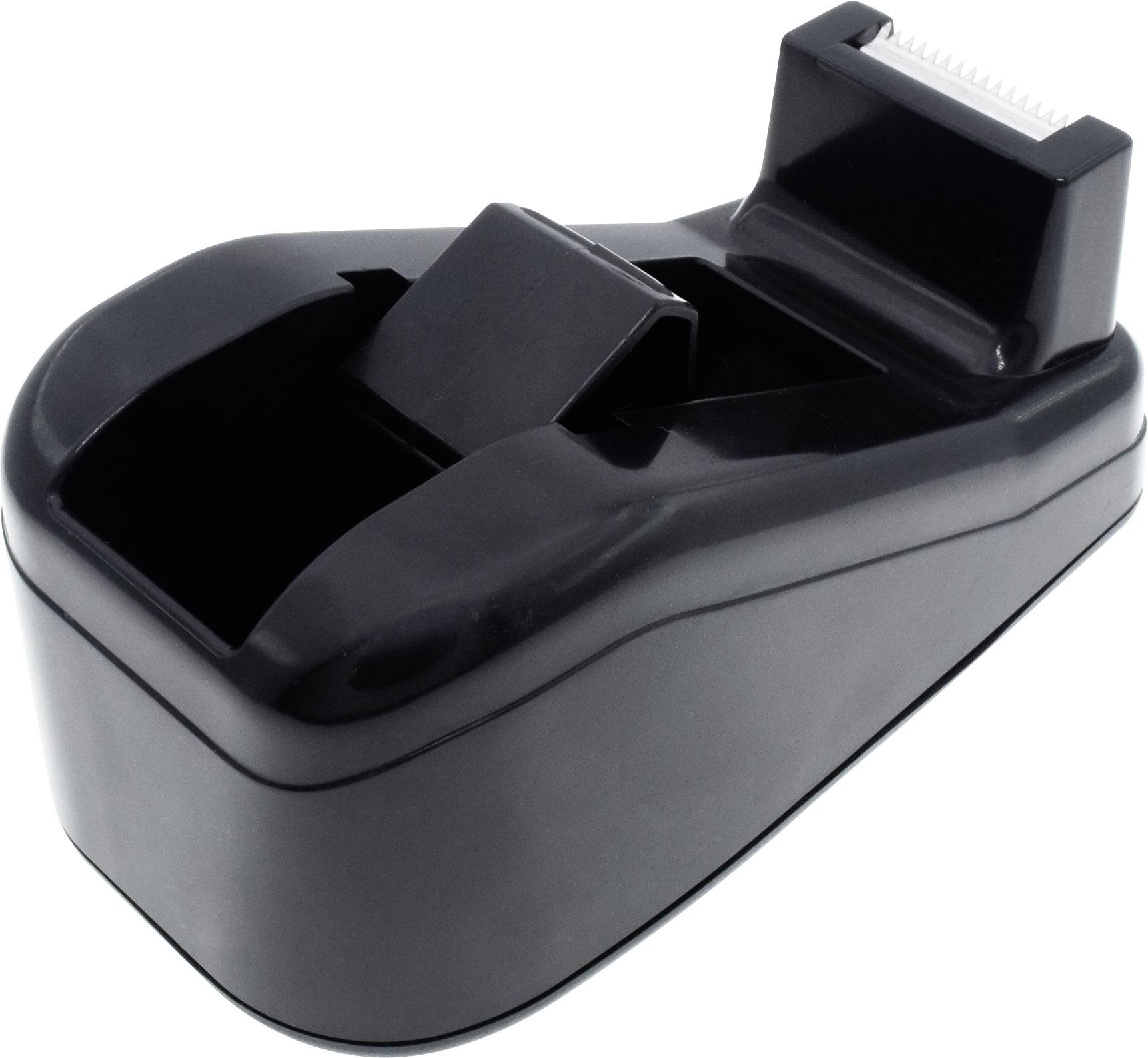 Ein schwarzer Klebebandabroller mit eingesetztem Klebeband, bereit für den Gebrauch, auf einer weißen Oberfläche.