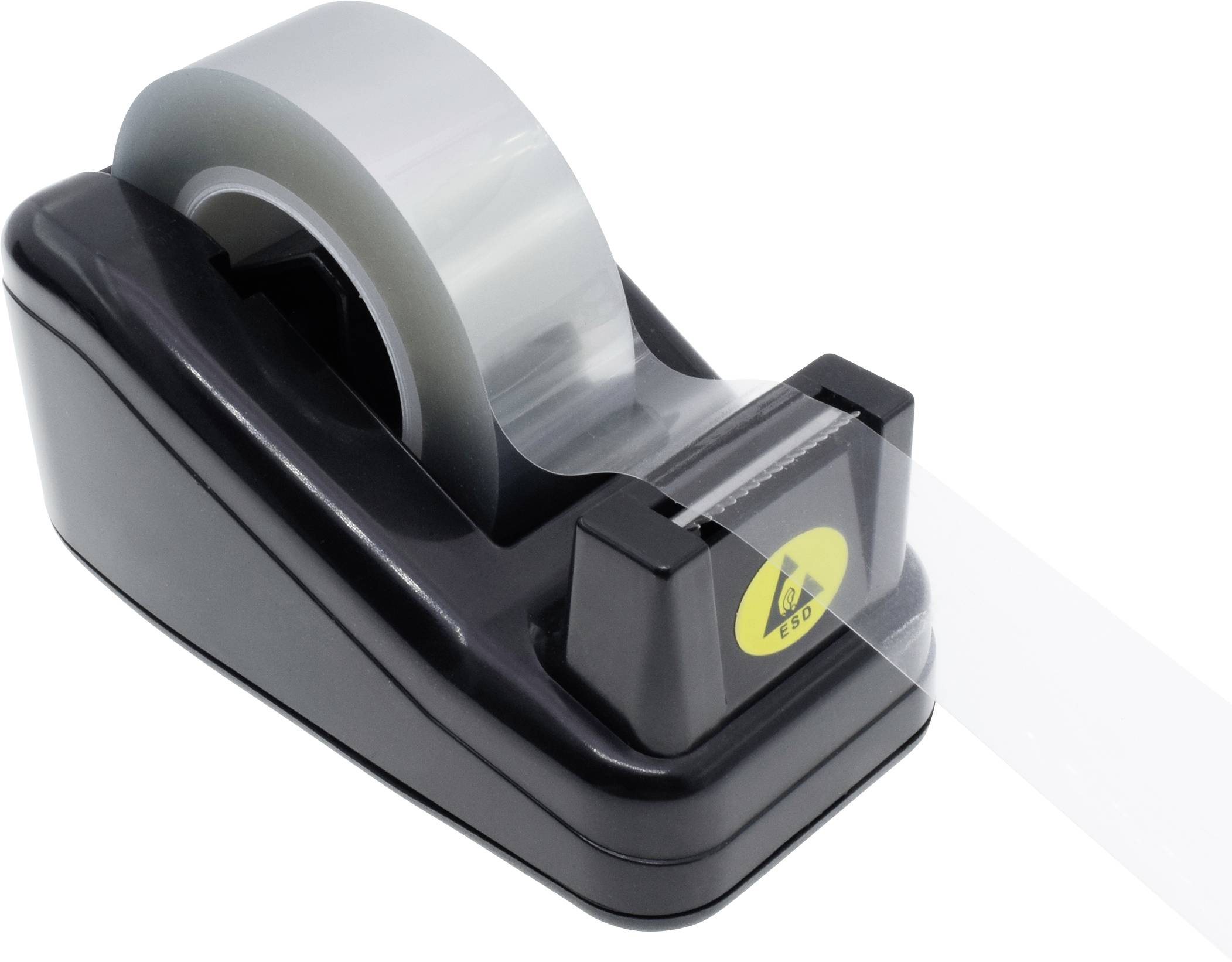 Klebebandspender mit transparenter Klebebandrolle, bereit zum Abrollen. Schwarzer Halter, geeignet für Büro- oder Heimgebrauch.