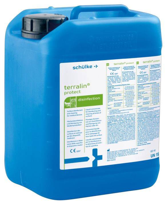 Ein blauer Kanister mit weißem Etikett der Marke 'schülke', Produktname 'terralin protect', ein Desinfektionsmittel.