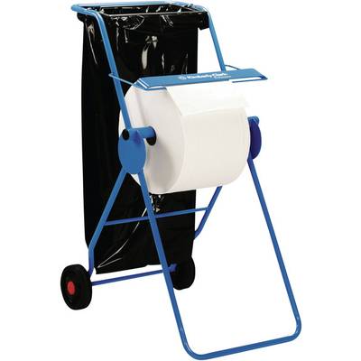 Wagen mit großer Papierrollenhalterung, schwarzer Müllsack im Hintergrund, auf zwei Rädern. Ideal für industrielle Anwendungen.