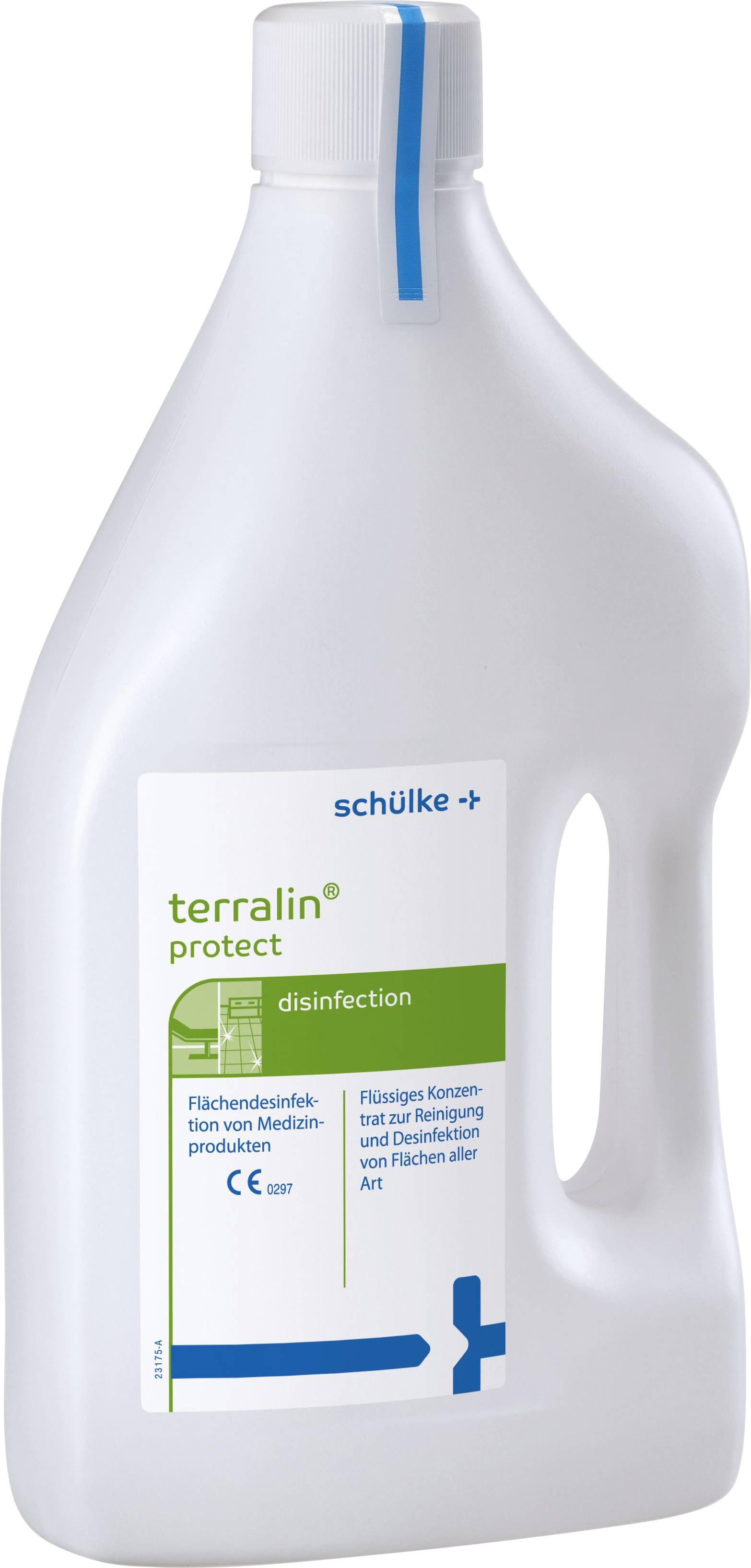 Flasche Terralin Protect Flächendesinfektionsmittel von Schülke, 1 Liter, zur Reinigung und Desinfektion medizinischer Flächen.