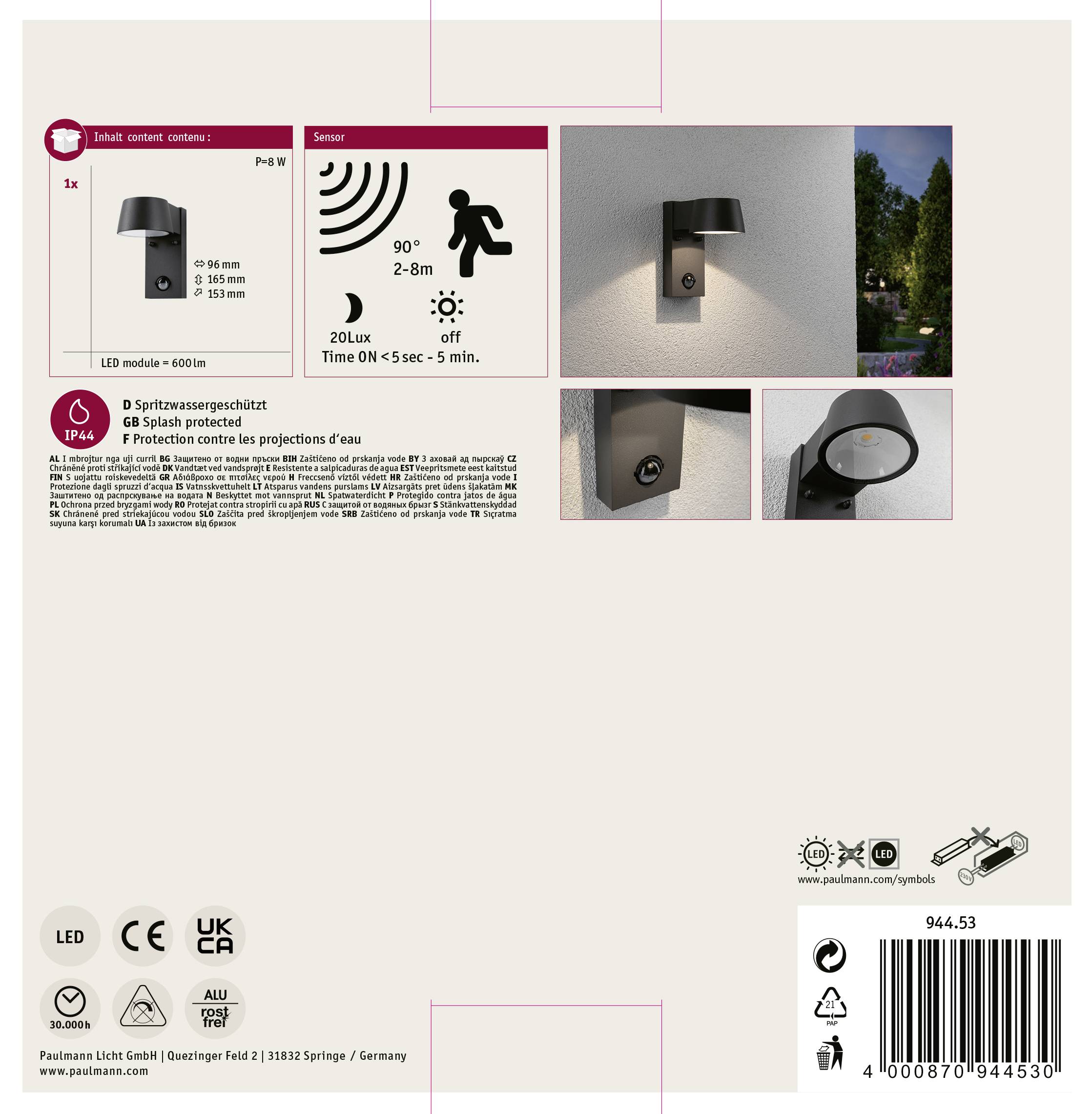 Außenleuchte an einer Wand, zeigt Bewegungsmelderinformationen: 90° Erfassungswinkel, 9 m Reichweite, IP44 spritzwassergeschützt.