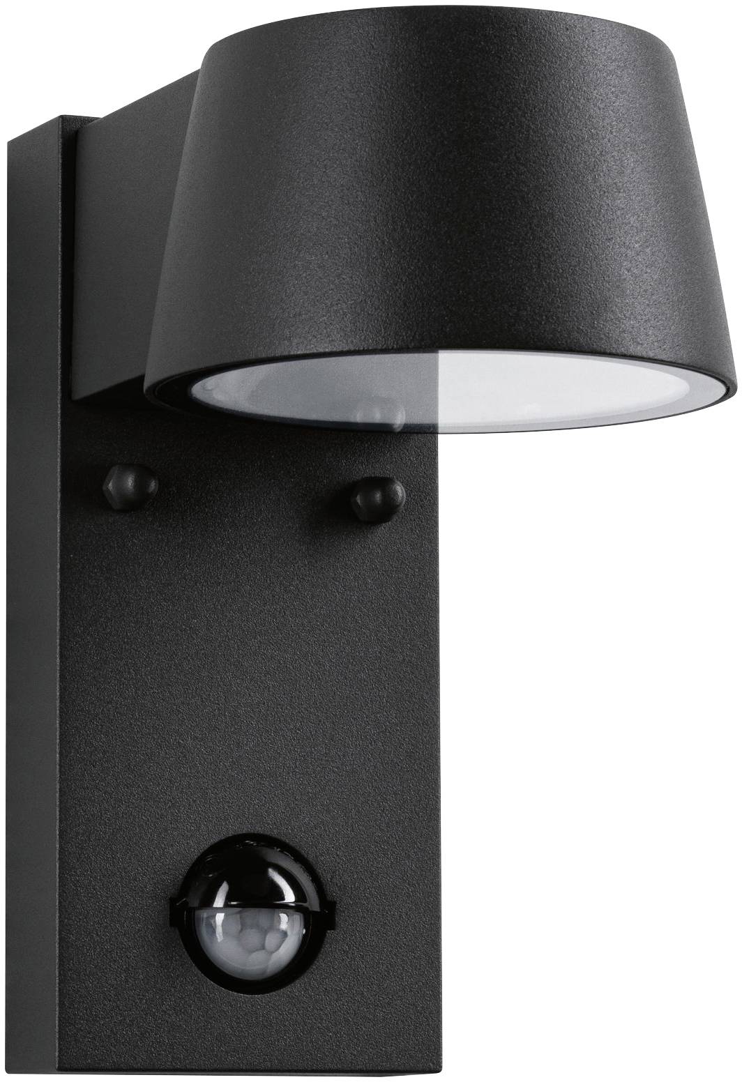 Schwarze Wandleuchte mit Bewegungsmelder, zylindrisch geformt, zur Nutzung im Außenbereich.