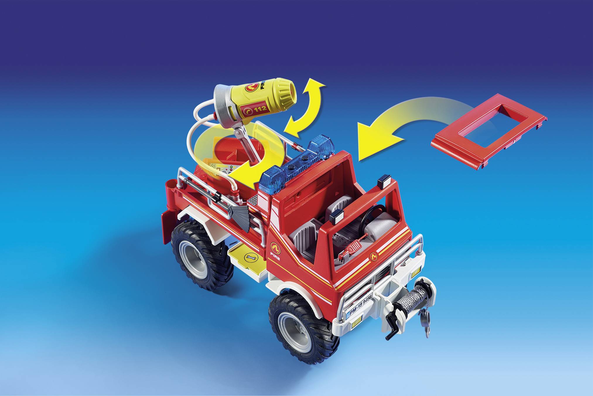 Spielzeug-Feuerwehrauto mit abnehmbarem Dach und drehbarem Wasserwerfer auf blauem Hintergrund.