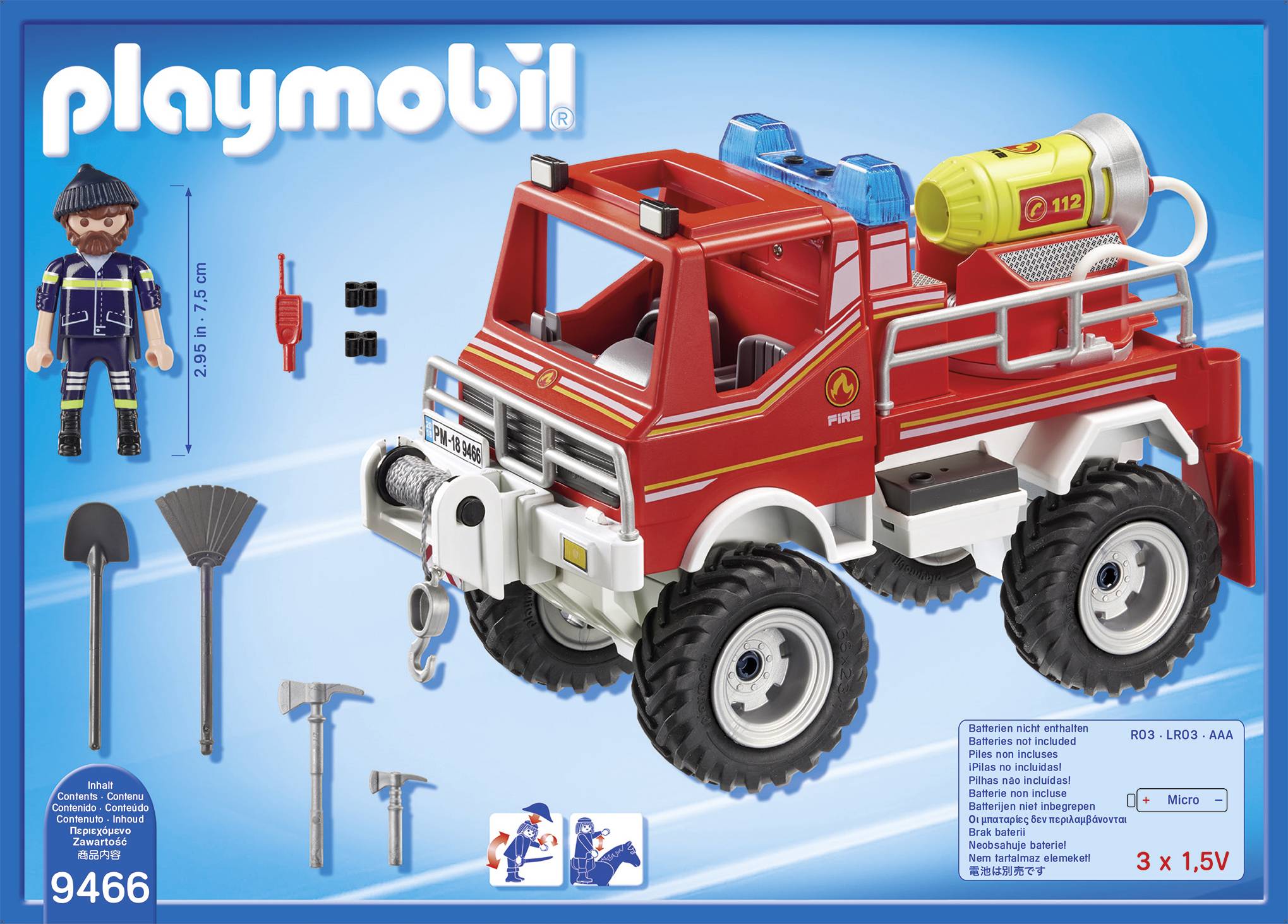 Playmobil Feuerwehrtruck-Set mit Figur, Löschfahrzeug, Zubehör wie Axt und Besen. Geeignet für Kinder ab 4 Jahren. Enthält Batterien.