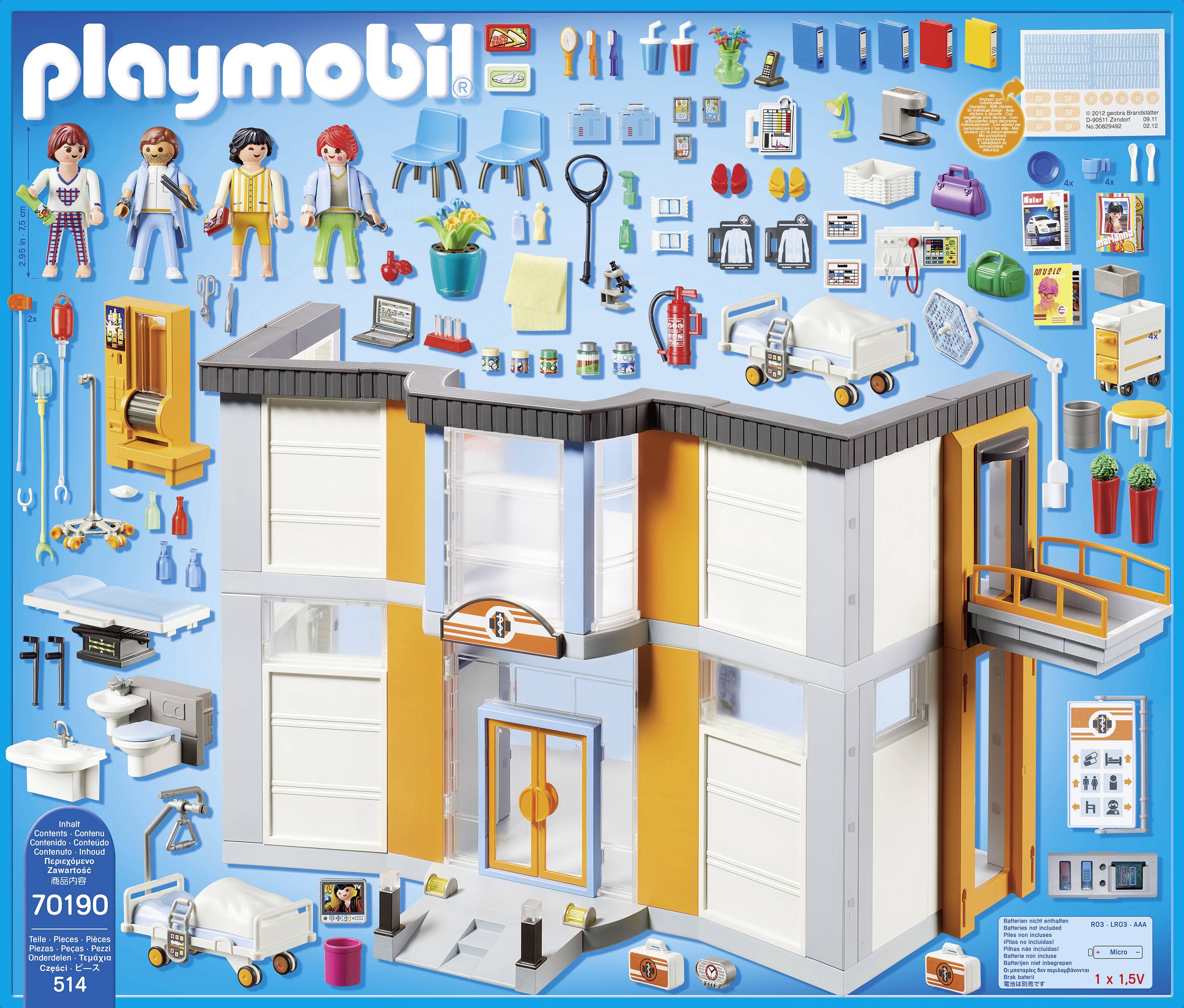 'Playmobil Krankenhaus-Set' mit Figuren, Möbeln und Zubehör vor einem blauen Hintergrund. Enthalten sind Ärzte, Patienten und medizinische Geräte.