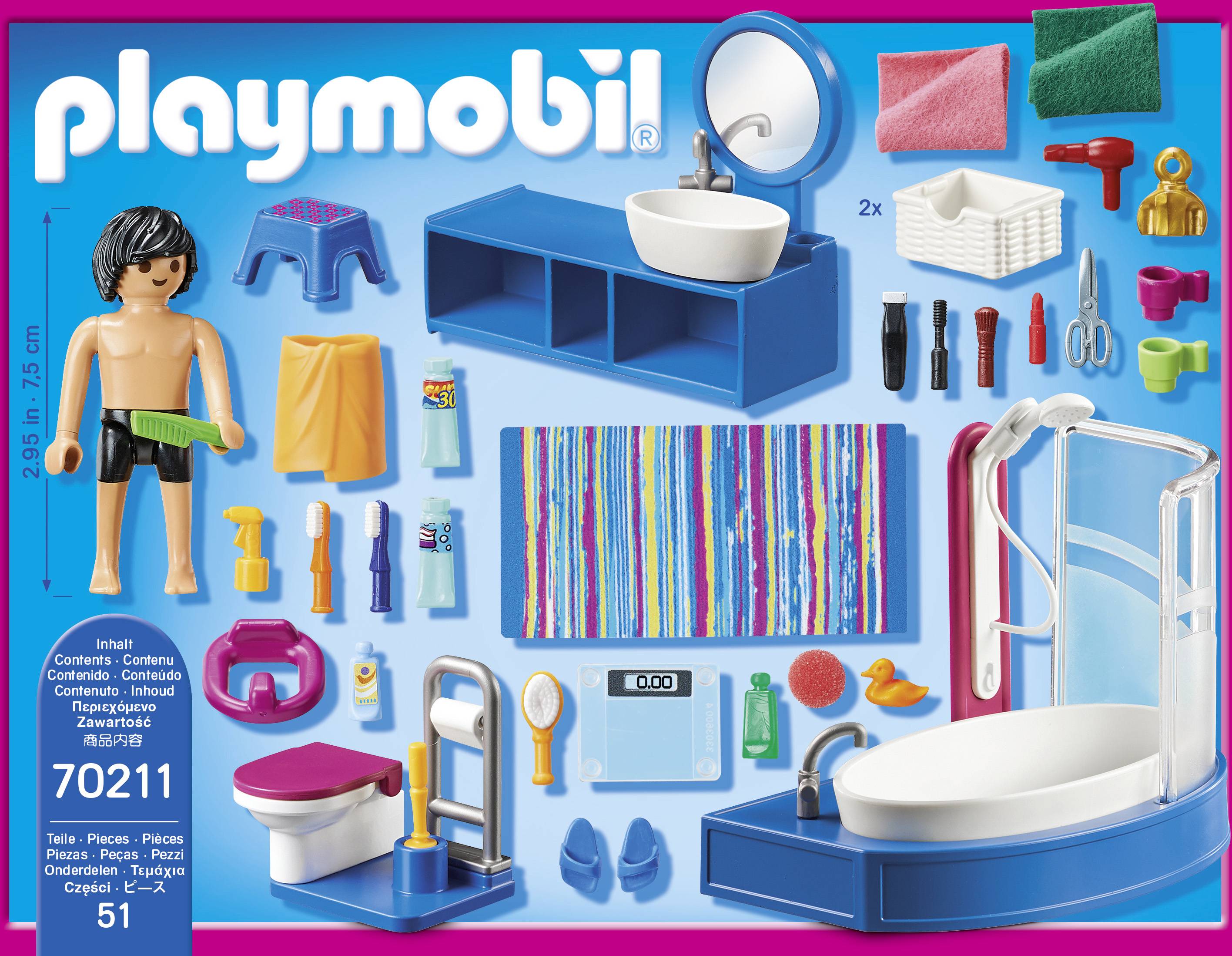 Playmobil-Set: Badezimmer mit Spielfigur, Dusche, Waschbecken, Toilette und Zubehör wie Zahnbürsten, Handtücher und Shampoo.