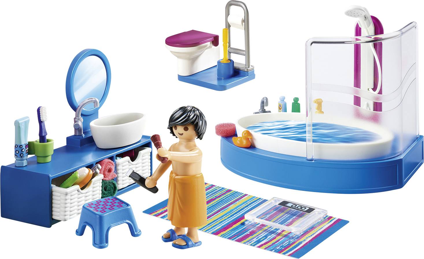 Spielzeug-Badezimmer-Set mit Badewanne, Dusche, Waschbecken, Toilette und Figur. Zubehör umfasst Zahnbürsten, Waage und Teppich.