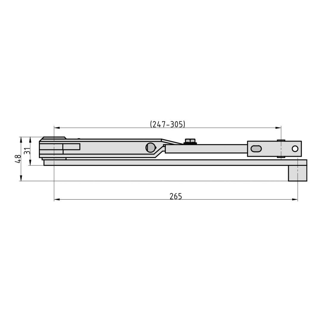 Technische Zeichnung eines mechanischen Bauteils im Seitenprofil mit Maßangaben: Länge 265 mm, Breite 48 mm, verstellbarer Bereich 247-305 mm.