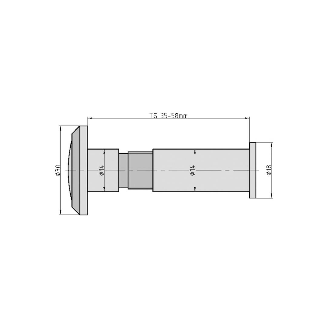 Technische Zeichnung: Seitenansicht eines zylindrischen Gegenstands. Axialmaß 35-55mm, Durchmesser 30mm vorn, 14mm mittig, 18mm hinten.